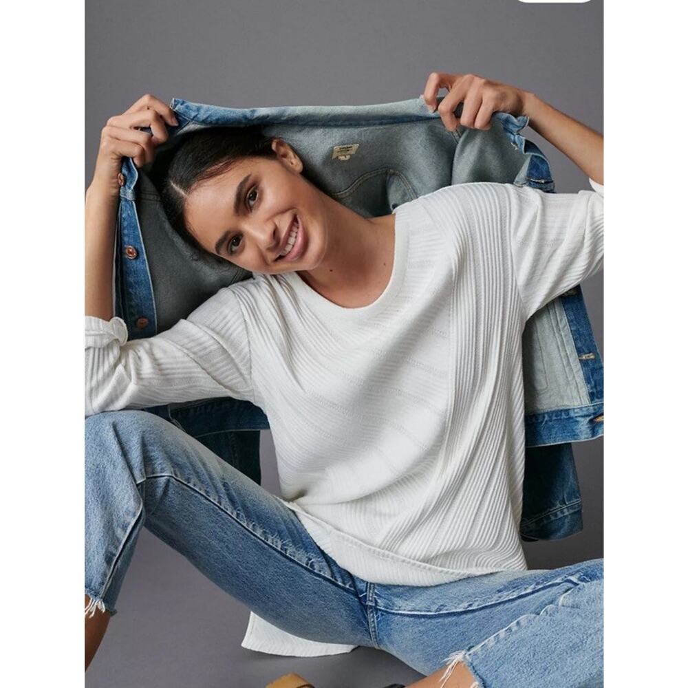 Maeve White Ribbed Short-Sleeve Tunic Top